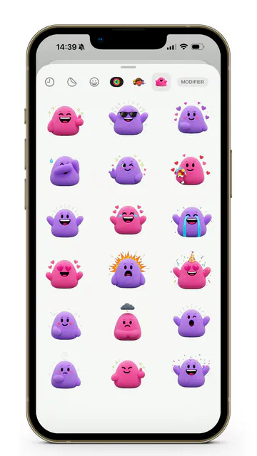 Nemlys buddies sticker pack open in the iMessage sticker tray, showing purple and pink buddy stickers in different moods
