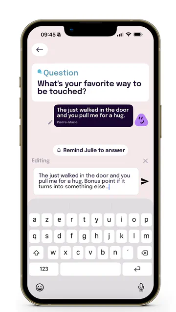 Nemlys app showing an answer being edited, with the pencil icon and the Editing label visible above the text input