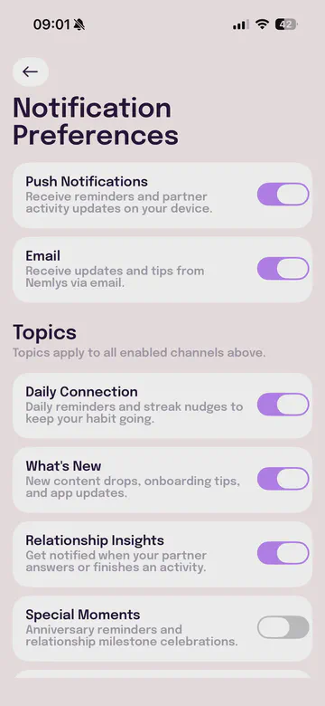 Nemlys Notification Preferences screen showing toggles for push, email, daily connection, and partner activity