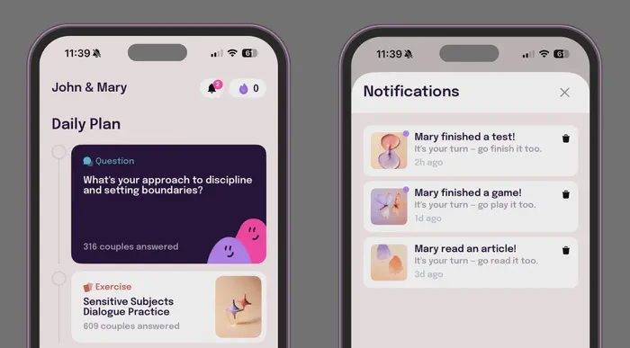 Nemlys app showing the notification inbox with partner activity updates